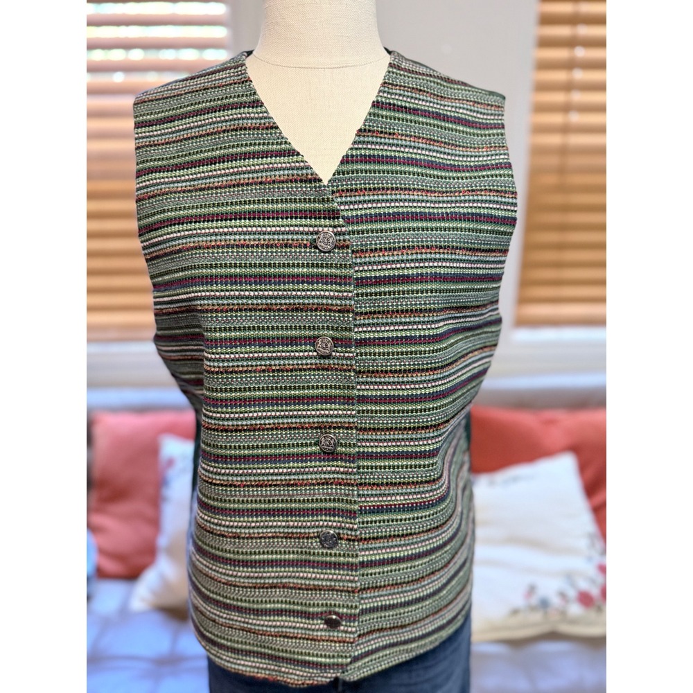 Lake Trail Studio Handwoven Vest Green Multi Color Striped Cotton Rayon Medium - Picture 1 of 8
